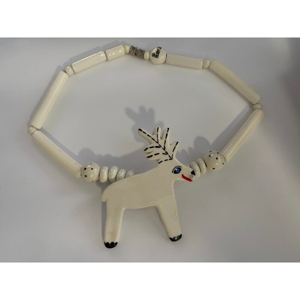 Vintage Ruby S Bean Finneran Funky Ceramic Necklace Reindeer White